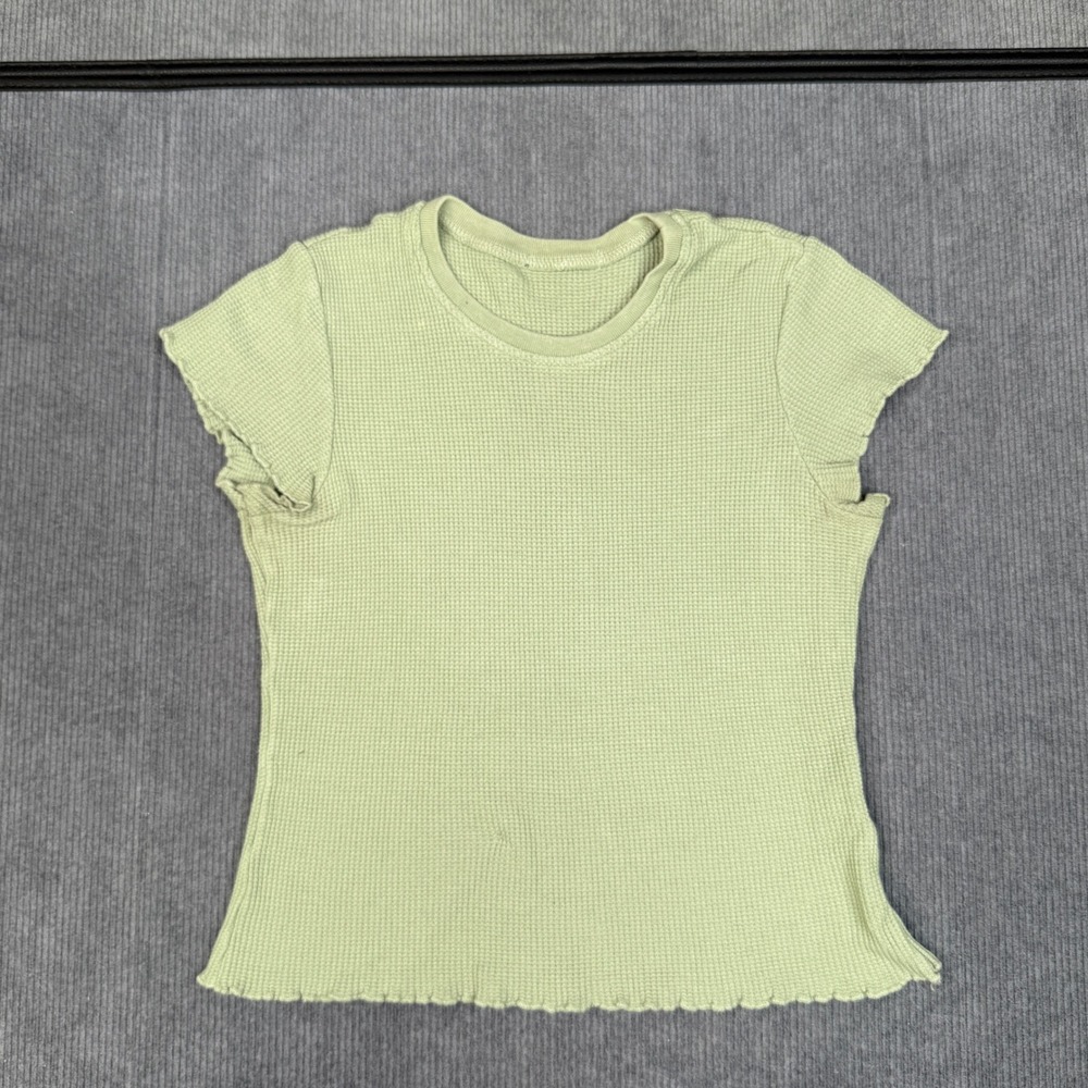 Sage‎ Green Waffle Knit Lettuce Edge Baby Tee Short Sleeve Crew Neck Top Y2K